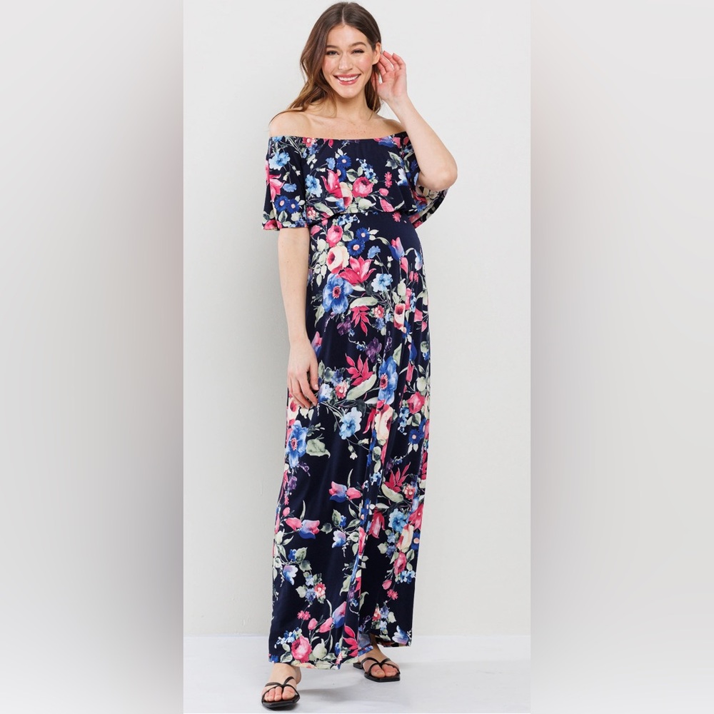 Fei Tong Maxi Dress Womens XL Pull Up Blue Rose Floral Ruffle Off Shoulder